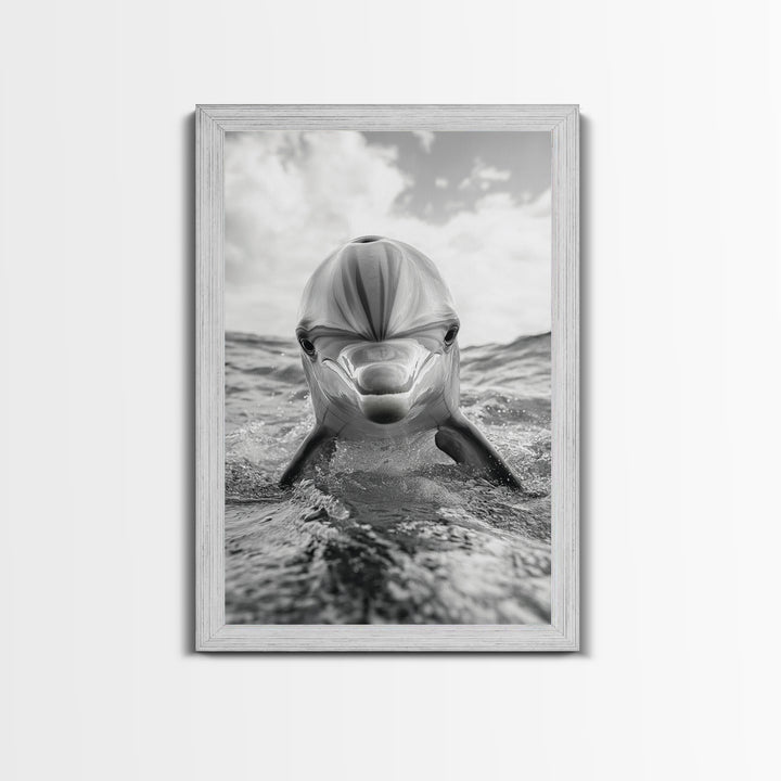 Dolphin Splash, Ocean Encounter, Monochrome Wildlife, Canvas Print, Coastal Wall Art, Bathroom Decor, Marine Animal Photography