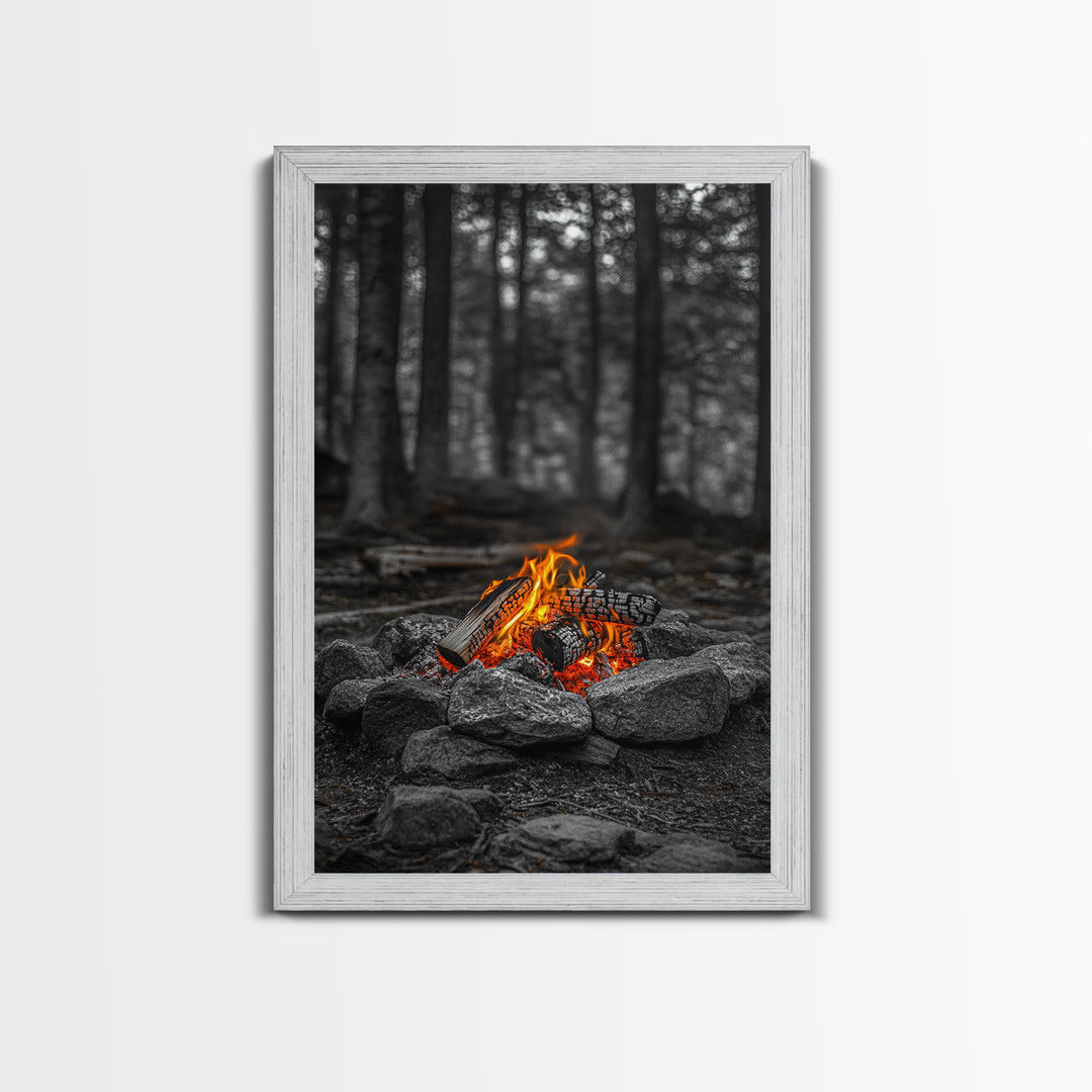 Campfire Glow, Cozy Flames, Autumn Wall Art, Framed Canvas Print, Nature Photography, Rustic Decor, Living Room Cabin Aesthetic