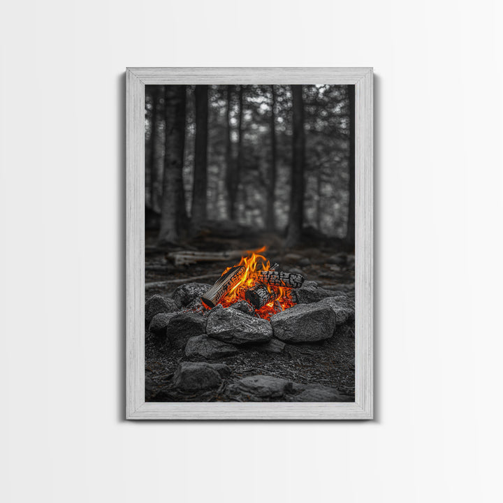 Campfire Glow, Cozy Flames, Autumn Wall Art, Framed Canvas Print, Nature Photography, Rustic Decor, Living Room Cabin Aesthetic