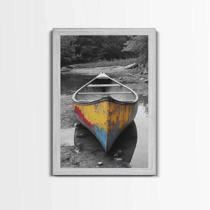 Rustic Canoe, Weathered Paint, River Adventure Art, Framed Canvas Print, Cabin Wall Decor, Color Pop Nature Photography