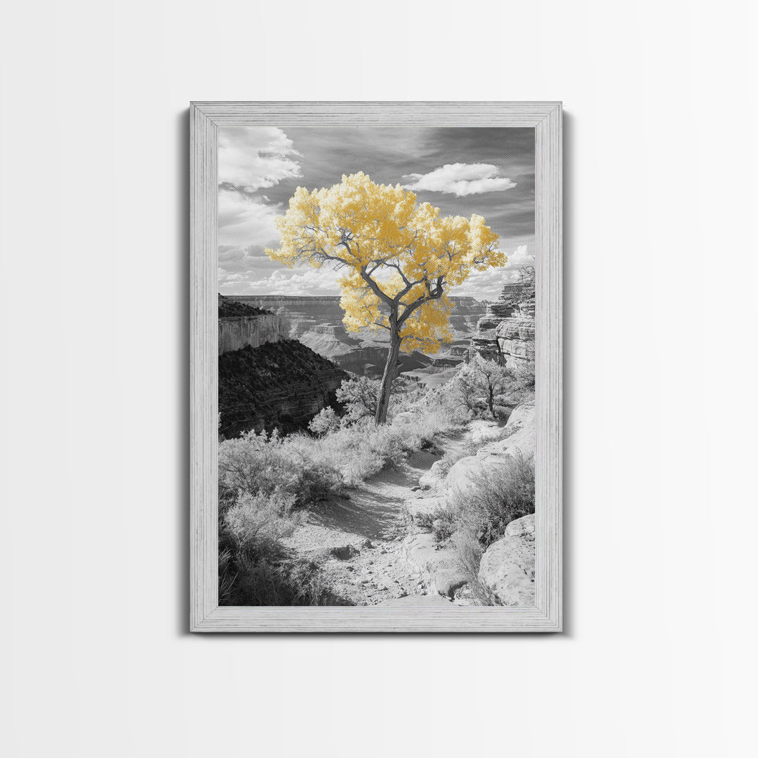 Autumn Canyon Trail, Yellow Tree, Nature Photography, Framed Canvas Print, Fall Wall Decor, Grand Canyon Print, Minimalist Landscape Art
