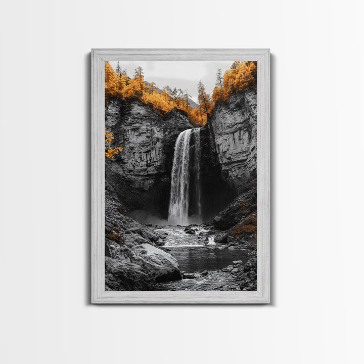 Autumn Waterfall, Forest Stream, Yellow Trees, Canvas Print, Nature Wall Art, Fall Decor, Moody Landscape Art, Living Room Wall Art
