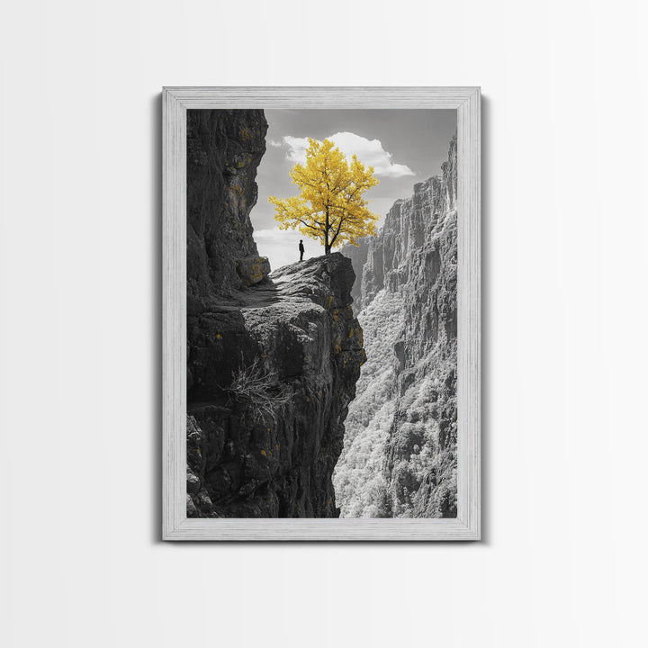 Cliff Tree, Yellow Foliage, Hiker Scene, Framed Canvas Print, Landscape Art, Fall Wall Decor, Adventure Wall Art, Office Statement Piece