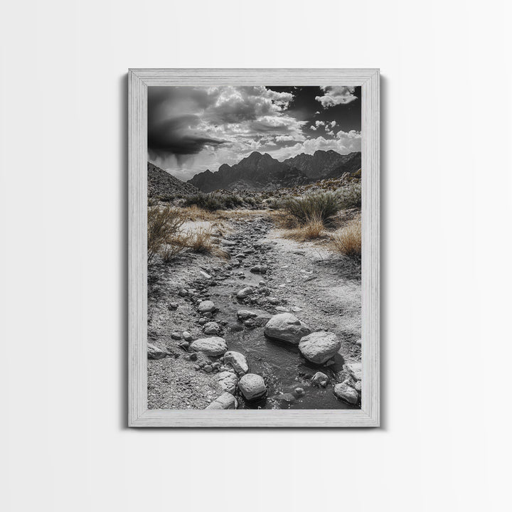 Desert Stream, Rocky Canyon, Moody Sky, Framed Canvas Print, Monochrome Landscape, Minimalist Art, Office or Entryway Decor