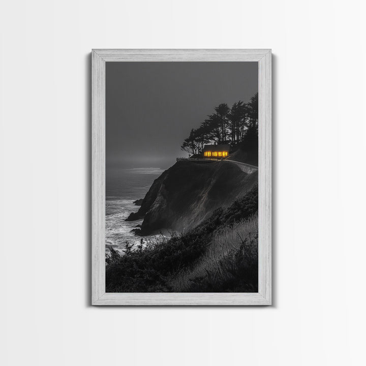 Cabin on Cliff, Moody Coastal Art, Glowing Window, Sunset Seascape, Framed Canvas Print, Minimalist Landscape, Living Room Wall Art