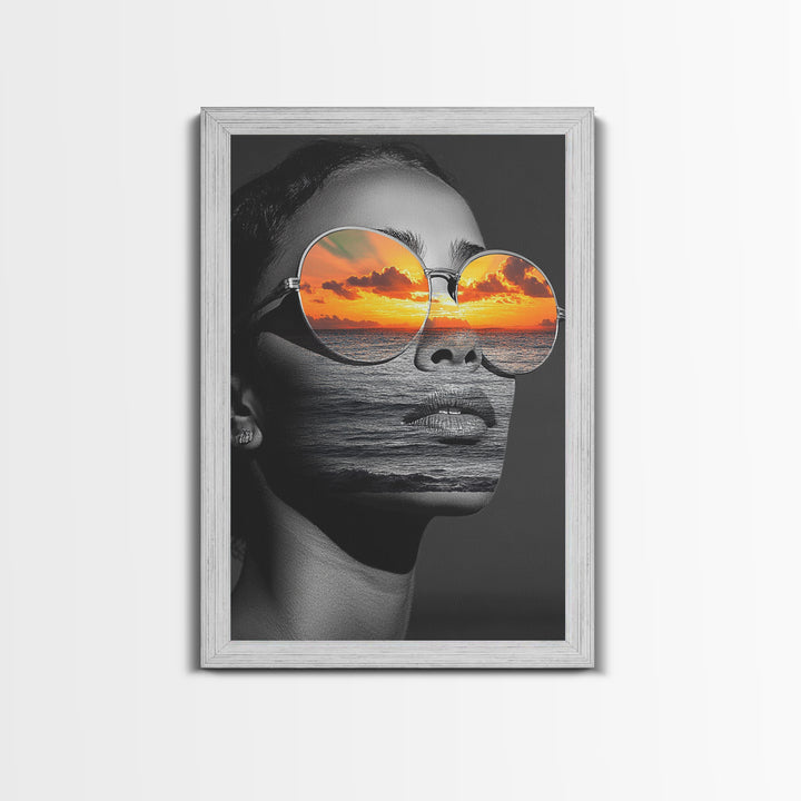 Surreal Sunset Face, Ocean Reflection, Fashion Photography, Abstract Beauty, Framed Canvas Print, Bedroom Wall Art, Modern Pop Art