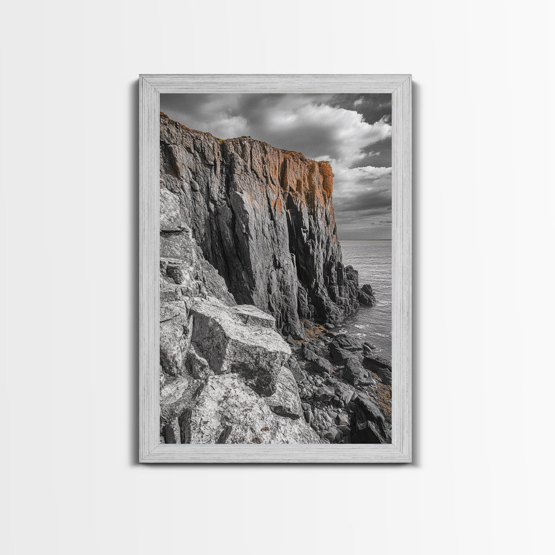 Rugged Cliff Coast, Ocean Rocks, Dramatic Sky, Seaside View, Framed Canvas Print, Coastal Decor, Living Room Wall Art, Earthy Tones