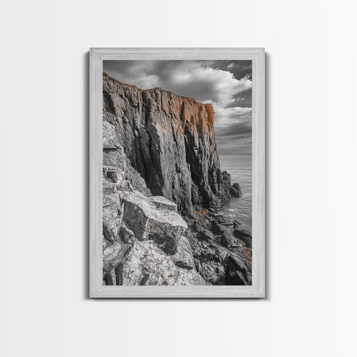 Rugged Cliff Coast, Ocean Rocks, Dramatic Sky, Seaside View, Framed Canvas Print, Coastal Decor, Living Room Wall Art, Earthy Tones