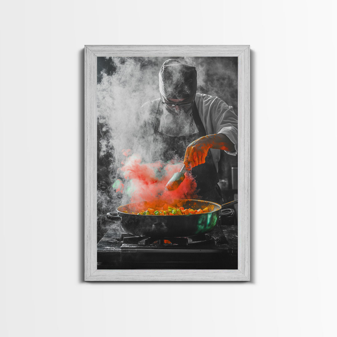 Chef Cooking, Kitchen Smoke, Artistic Culinary Scene, Framed Canvas Print, Modern Kitchen Wall Art, Vibrant Food Art, Chef Decor