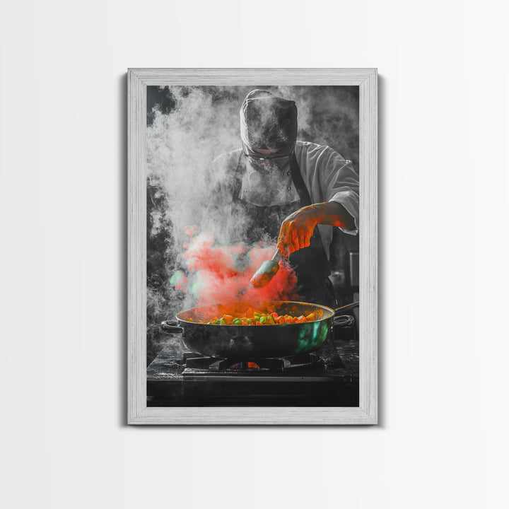 Chef Cooking, Kitchen Smoke, Artistic Culinary Scene, Framed Canvas Print, Modern Kitchen Wall Art, Vibrant Food Art, Chef Decor