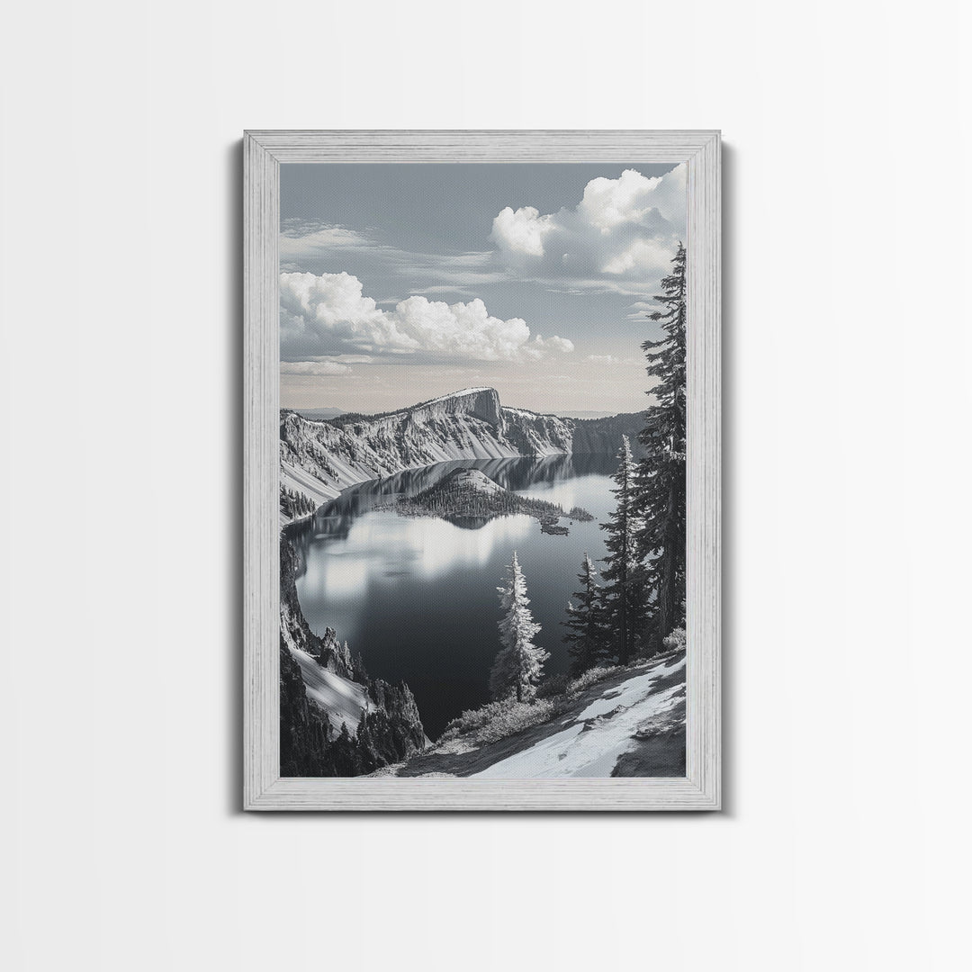 Crater Lake, Snowy Mountains, Scenic Reflection View, Framed Canvas Print, Cabin Wall Art, Winter Landscape Decor, Nature Vibes
