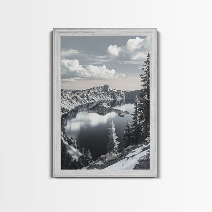 Crater Lake, Snowy Mountains, Scenic Reflection View, Framed Canvas Print, Cabin Wall Art, Winter Landscape Decor, Nature Vibes