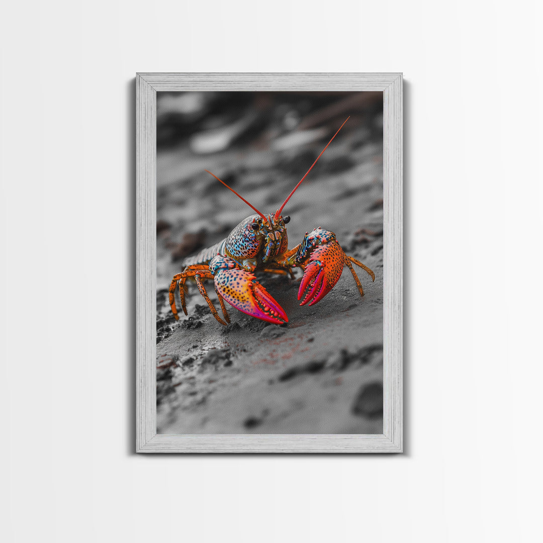 Colorful Lobster, Beach Wildlife, Close-Up Macro Art, Framed Canvas Print, Kitchen Wall Art, Coastal Marine Decor, Vibrant Style