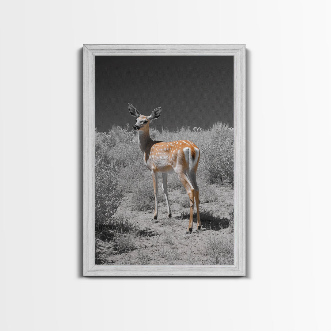 Baby Deer, Spotted Fawn, Desert Wildlife, Framed Canvas Print, Nursery Wall Art, Wildlife Nature Decor, Gentle Forest Animal Art