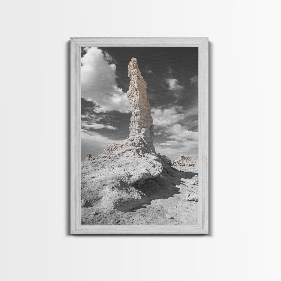 Rock Spire, Desert Monument, Sky Landscape, Framed Canvas Print, Modern Nature Wall Art, Earth Tones Decor, Minimalist Desert Art