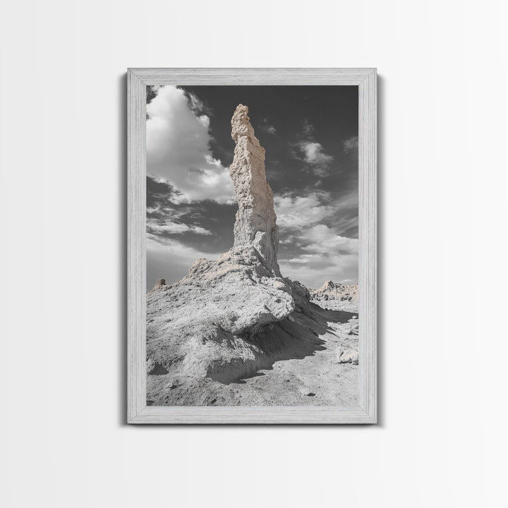 Rock Spire, Desert Monument, Sky Landscape, Framed Canvas Print, Modern Nature Wall Art, Earth Tones Decor, Minimalist Desert Art