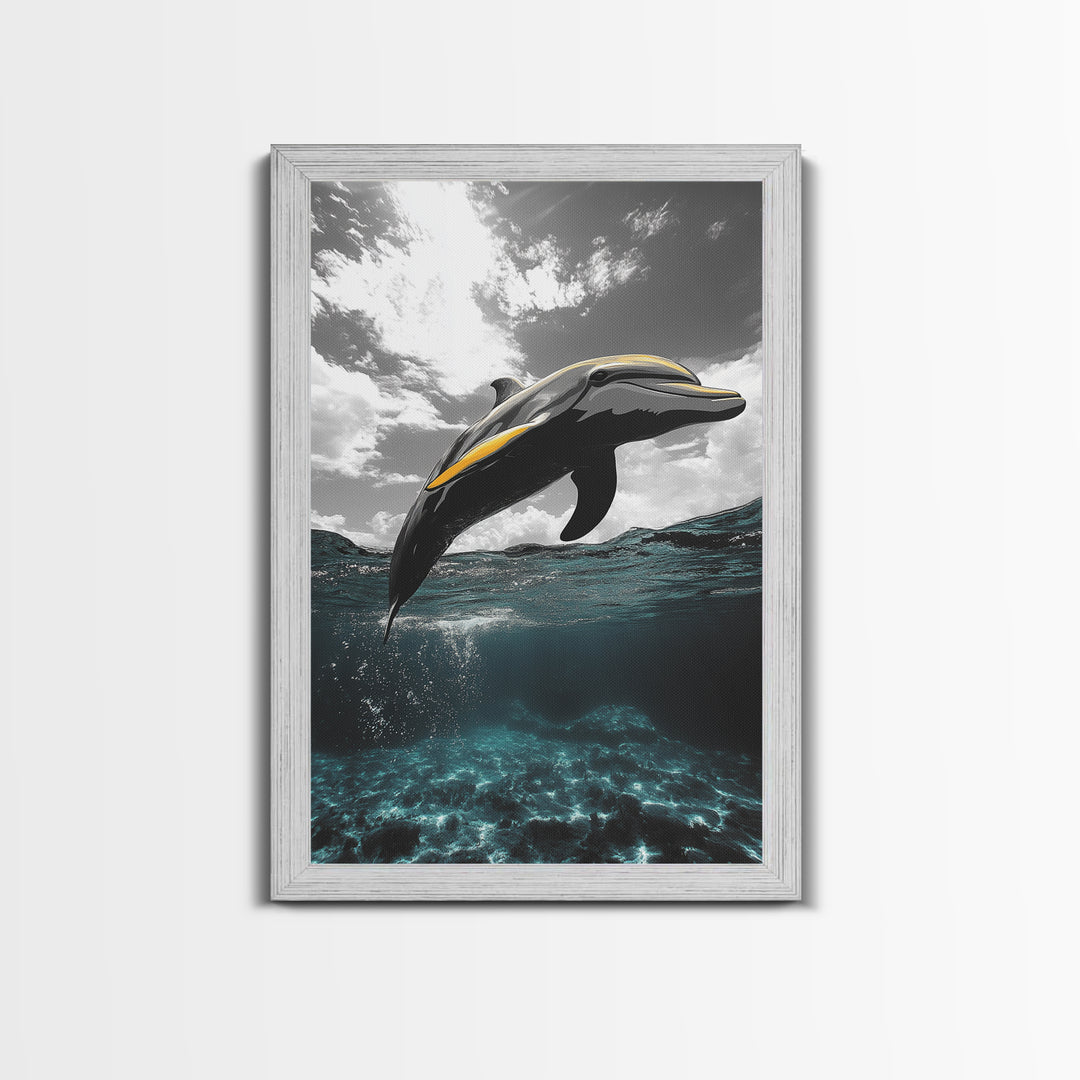 Dolphin Splash, Ocean Wildlife, Underwater Grace, Black White Sea Art, Canvas Print, Bathroom Wall Art, Coastal Decor, Marine Life Style