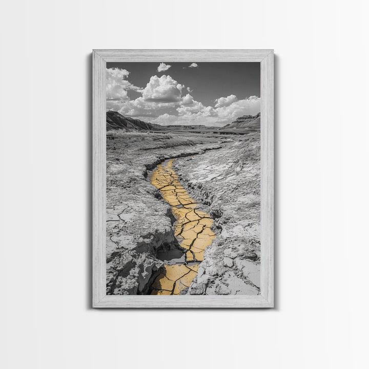 Desert Riverbed, Yellow Crack Trail, Dry Earth Path, Framed Canvas Print, Southwestern Wall Art, Minimalist Nature Decor, Earth Tone Style