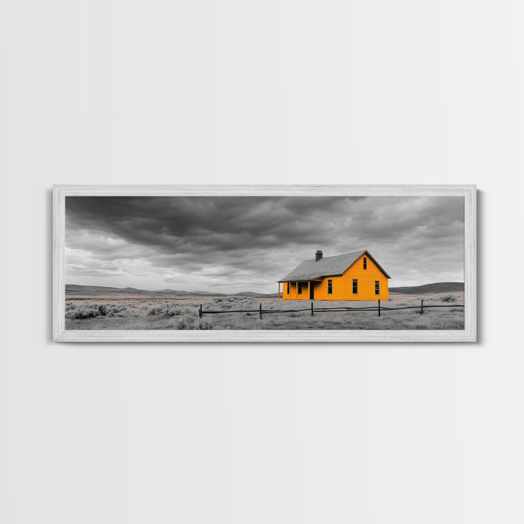 Yellow House, Stormy Sky, Minimalist Landscape, Rural Farmhouse, Framed Canvas Print, Rustic Wall Decor, Living Room Wall Art