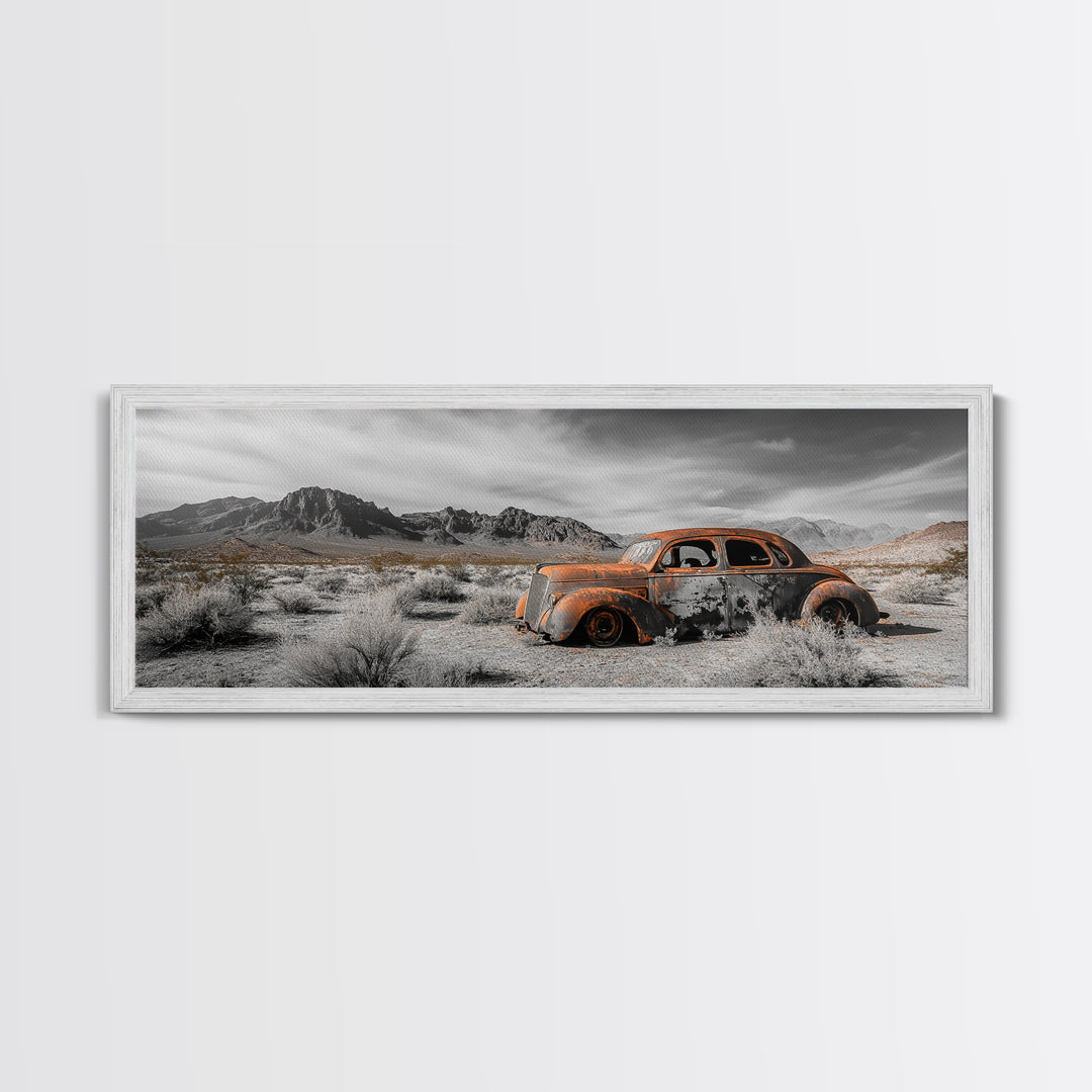 Desert Wreck, Abandoned Car, Moody Landscape, Rusty Vehicle — Framed Canvas Print, Industrial Wall Art, Garage Decor, Western Photography