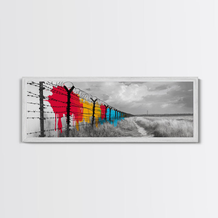 Barbed Wire, Graffiti Fence, Urban Street Art, Political Statement, Framed Canvas Print, Modern Wall Art, Office Decor, Activist Art