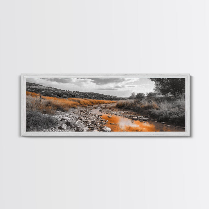 Autumn Stream, Golden Creek, Rustic Nature, Fall Landscape, Framed Canvas Print, Farmhouse Decor, Living Room Wall Art, Earth Tones