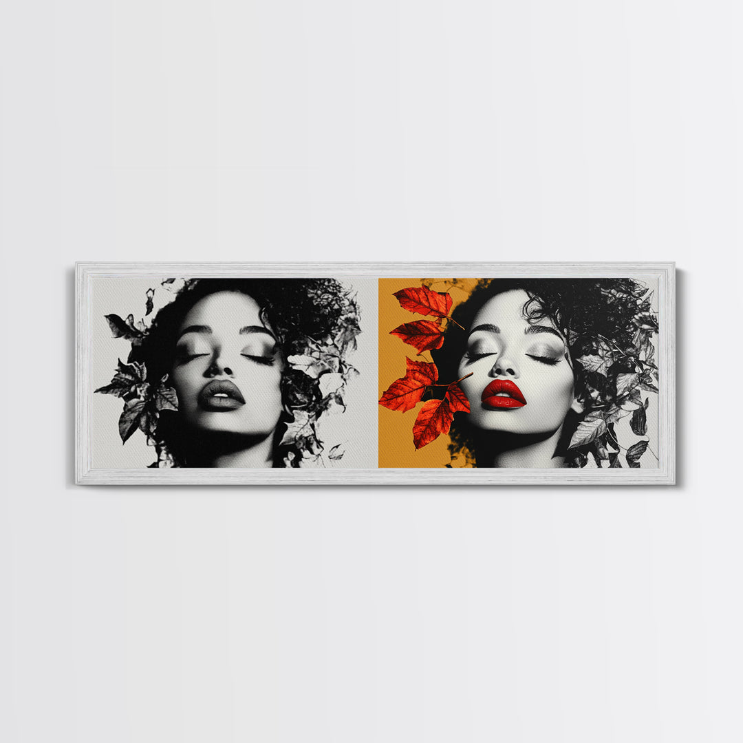 Autumn Leaves, Bold Lips Portrait, Fashion Face Art, Framed Canvas Print, Fall Wall Decor, Modern Bedroom Art, Boho Glam Aesthetic