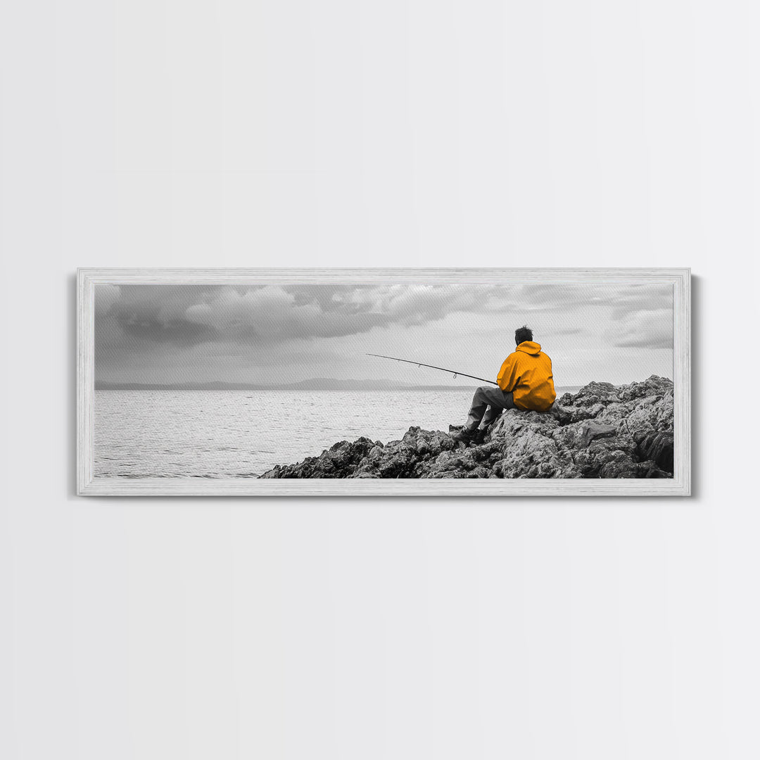 Peaceful Angler View, Yellow Hoodie Fisherman, Canvas Print, Minimalist Seaside Wall Art, Coastal Living Room Art, Fishing Lover Gift