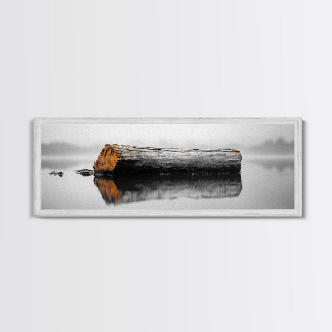Weathered Log Reflection, Calm Lake Scene, Canvas Print, Minimalist Nature Photography, Zen Bathroom Wall Art, Serene Rustic Decor