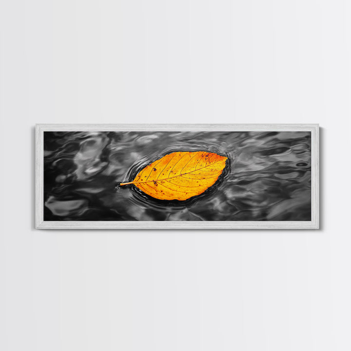 Floating Autumn Leaf, Orange Leaf on Water, Framed Canvas Print, Fall Bathroom Wall Art, Nature Closeup Photography, Minimalist Decor