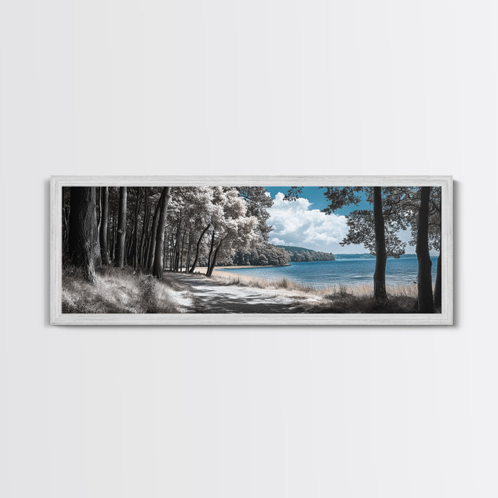 Coastal Forest Path, Lakeside Nature Trail, Tranquil Blue Water, Canvas Print, Minimalist Landscape, Bedroom Wall Art