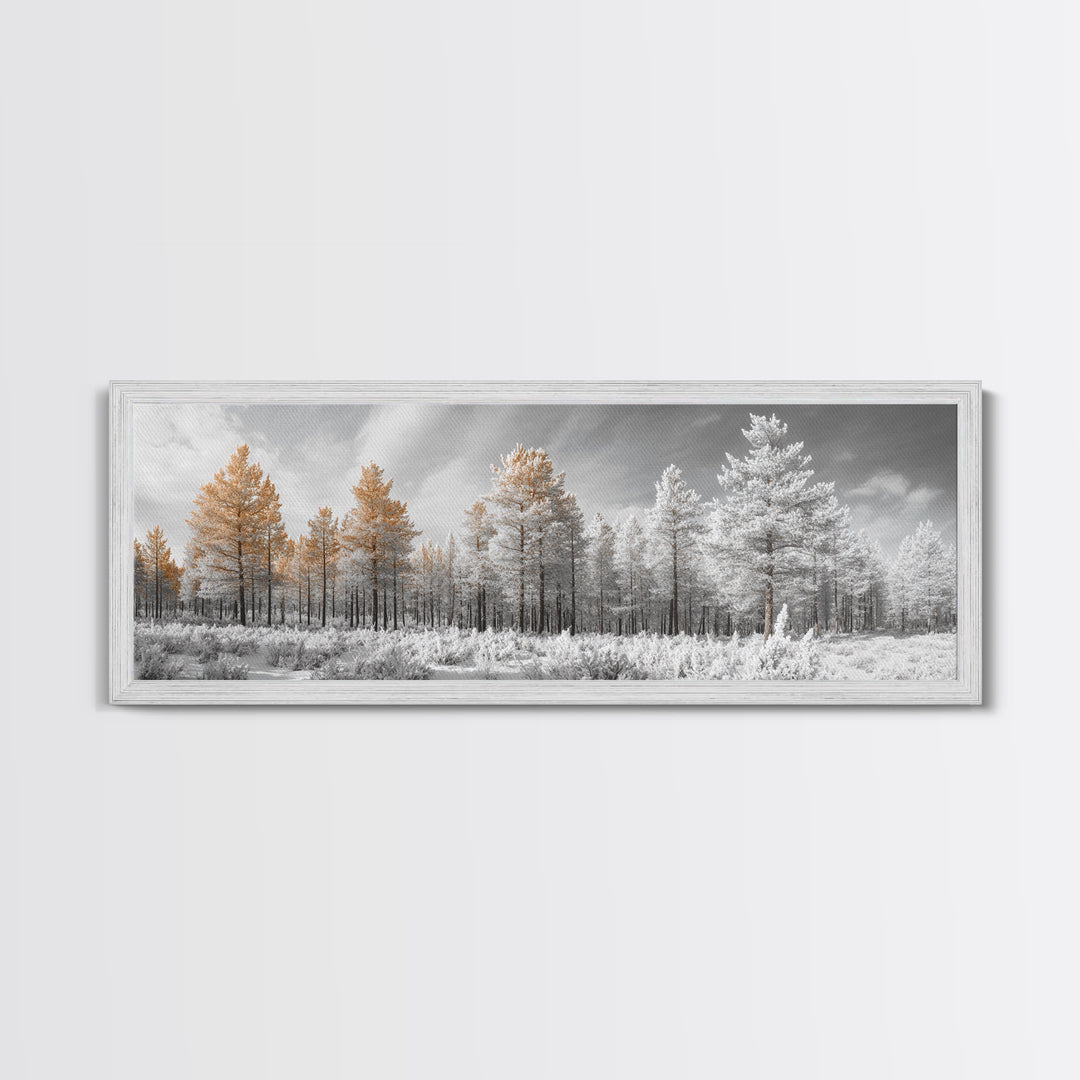 Snowy Forest Landscape, Frosted Pine Trees, Winter Wonderland Scene, Framed Canvas Print, Nordic Minimalist, Holiday Wall Art