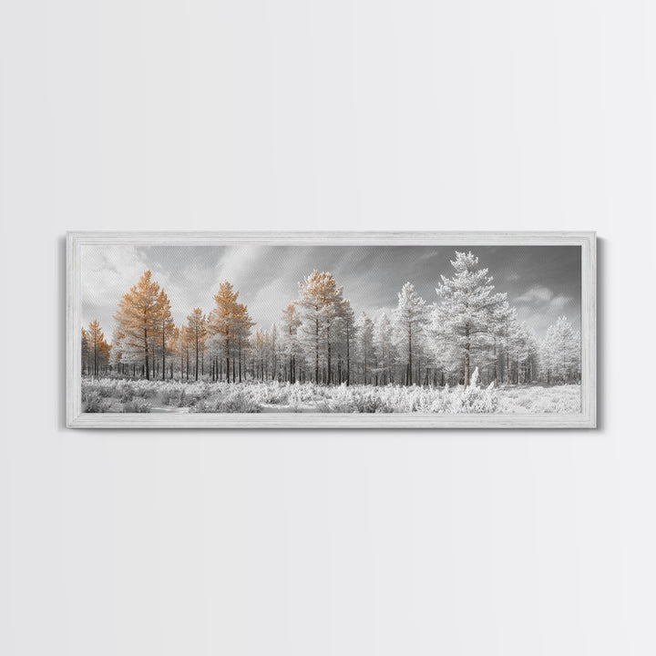 Snowy Forest Landscape, Frosted Pine Trees, Winter Wonderland Scene, Framed Canvas Print, Nordic Minimalist, Holiday Wall Art