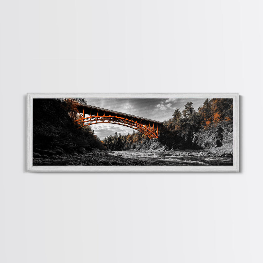 Autumn River Bridge, Orange Iron Arch, Canyon Flow Scene, Framed Canvas Print, Rustic Fall Decor, Entryway Wall Art, Living Room Decor