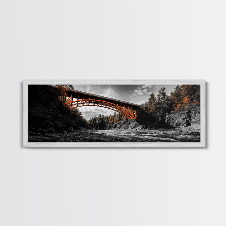 Autumn River Bridge, Orange Iron Arch, Canyon Flow Scene, Framed Canvas Print, Rustic Fall Decor, Entryway Wall Art, Living Room Decor