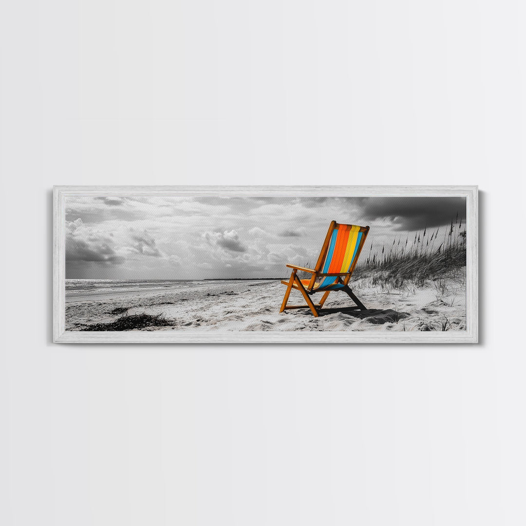 Beach Chair, Coastal Solitude, Striped Fabric, Seaside Calm, Framed Canvas Print, Minimalist Wall Art, Beach House Decor