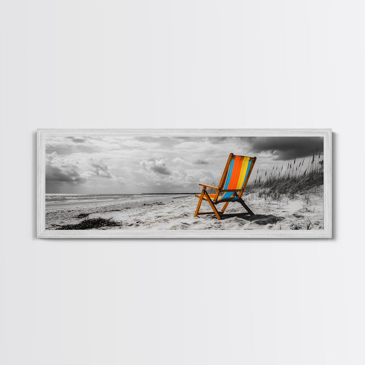 Beach Chair, Coastal Solitude, Striped Fabric, Seaside Calm, Framed Canvas Print, Minimalist Wall Art, Beach House Decor