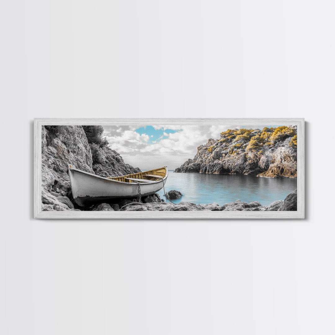 Abandoned Rowboat, Rustic Shore, Autumn Cove, Island Serenity, Framed Canvas Print, Lakehouse Decor, Coastal Wall Art, Nature Print