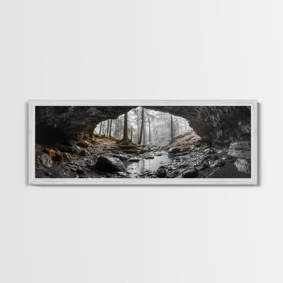 Forest Cave, Woodland Stream, Natural Light, Hidden Path, Framed Canvas Print, Cabin Wall Art, Rustic Decor, Adventure Photography