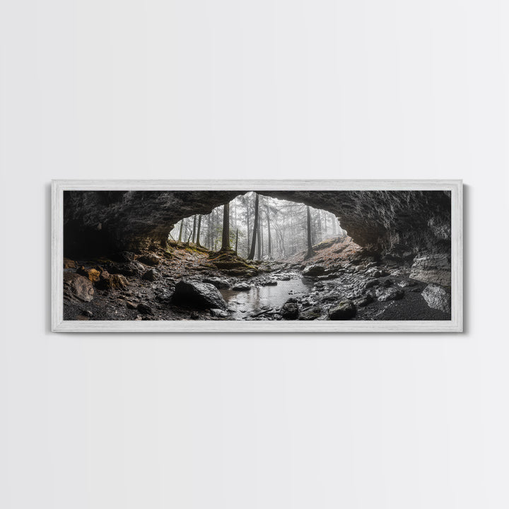 Forest Cave, Woodland Stream, Natural Light, Hidden Path, Framed Canvas Print, Cabin Wall Art, Rustic Decor, Adventure Photography