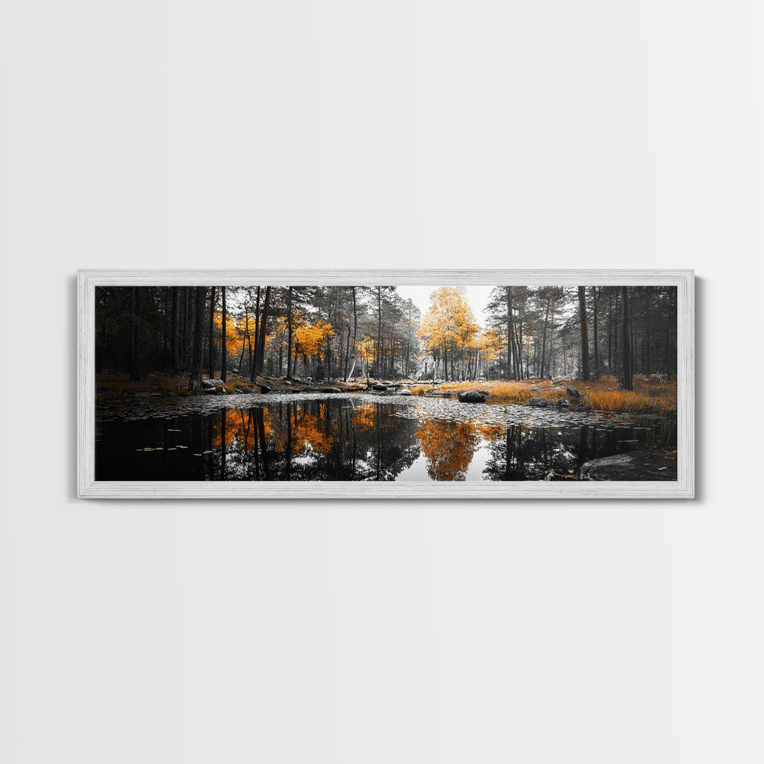 Autumn Forest, Golden Trees, Tranquil Reflection, Nature Pond, Framed Canvas Print, Fall Wall Art, Living Room Decor, Cozy Vibes