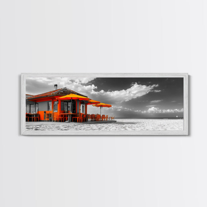 Beach Cafe, Orange Umbrellas, Seaside Dining, Sunny Vibes, Framed Canvas Print, Kitchen Wall Art, Summer Coastal Style