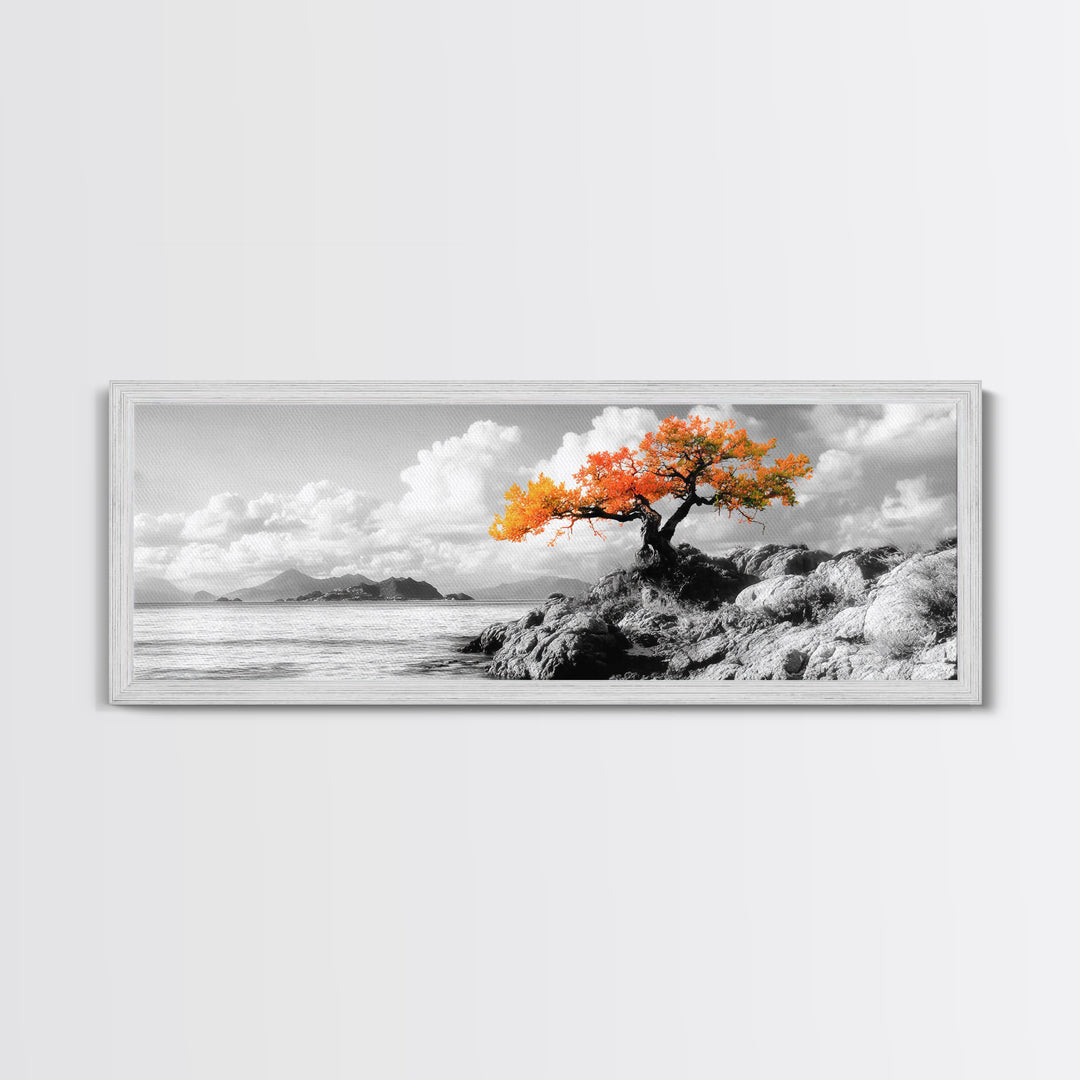 Autumn Tree, Coastal Cliff, Ocean Horizon, Framed Canvas Print, Autumn decor, rustic wall art, minimalist nature, neutral tones