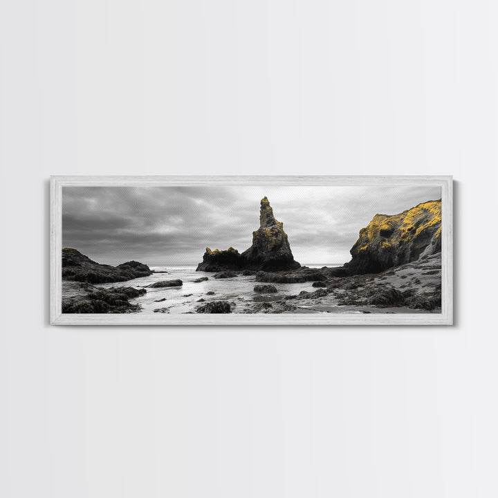 Sea Stacks, Rocky Shore, Golden Moss, Framed Canvas Print, coastal wall art, moody ocean print, beach house decor, nature photography