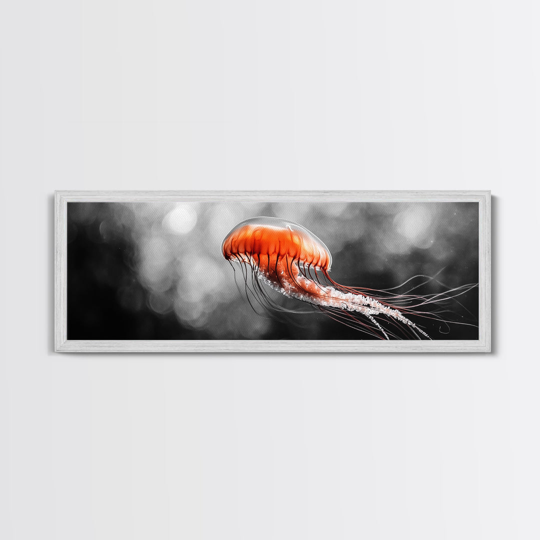 Jellyfish Glow, Ocean Depths, Abstract Sea Life, Framed Canvas Print, marine animal art, coastal bathroom decor, modern underwater wall art