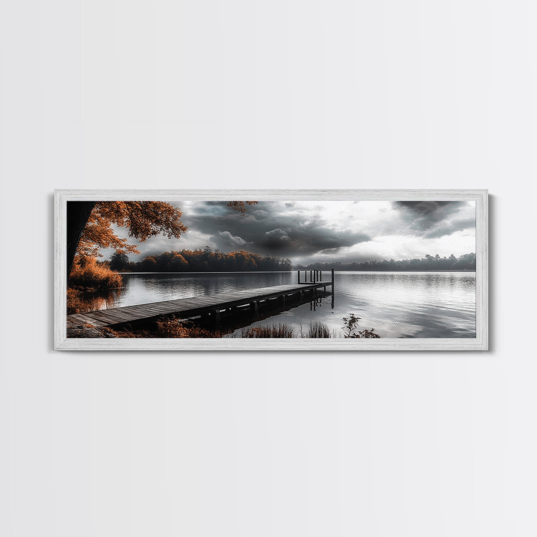 Autumn Lake, Stormy Sky, Wooden Dock, Canvas Print, fall landscape wall art, cozy home decor, cabin style print, orange forest reflections