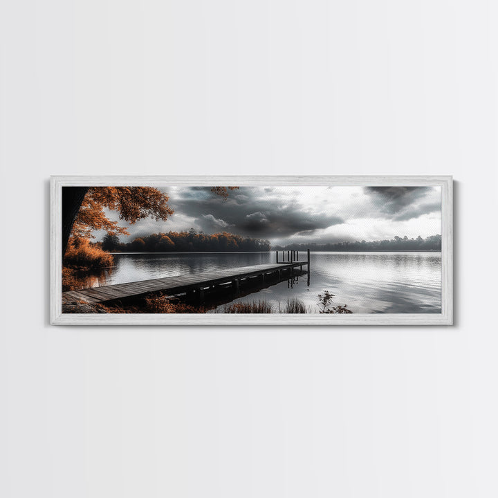 Autumn Lake, Stormy Sky, Wooden Dock, Canvas Print, fall landscape wall art, cozy home decor, cabin style print, orange forest reflections