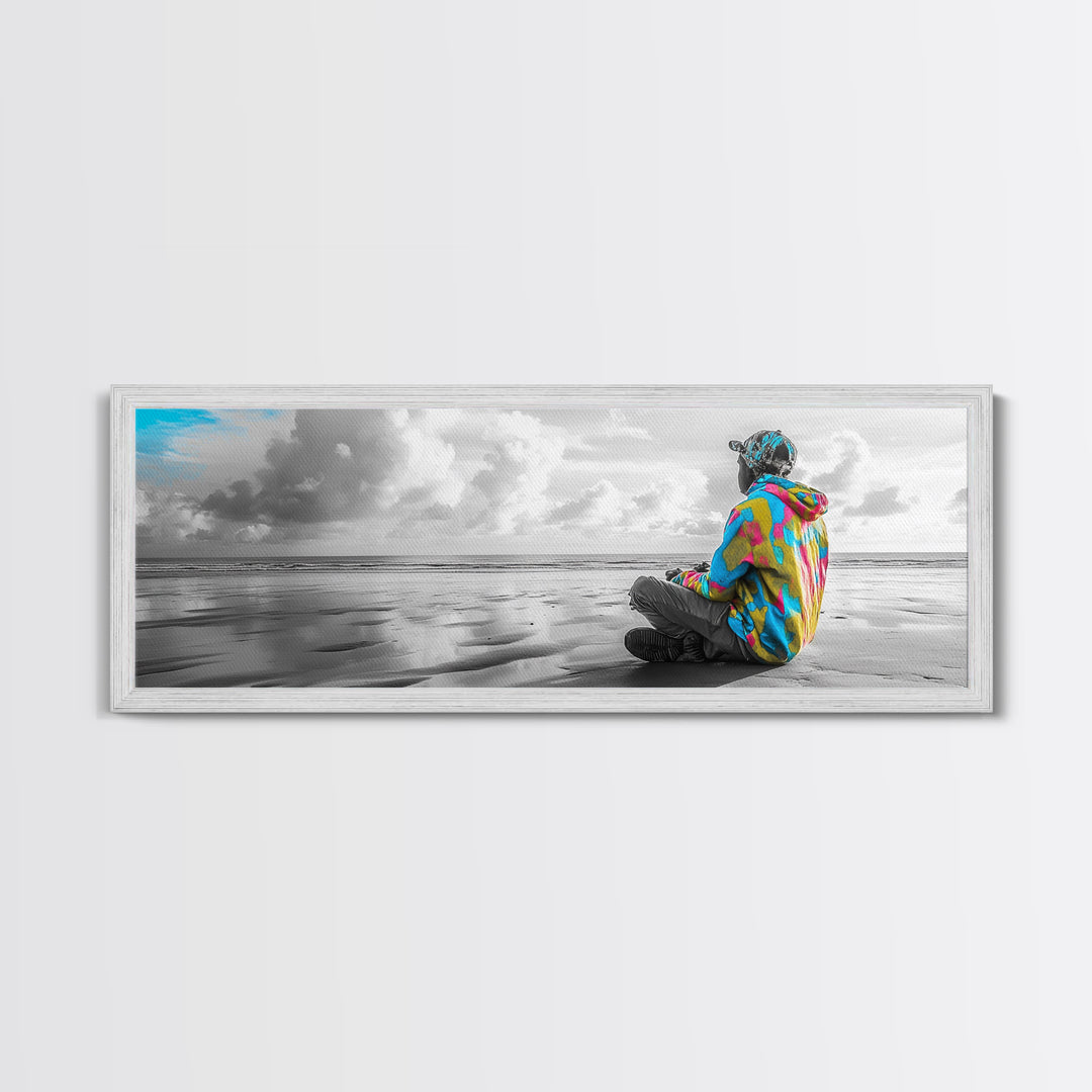 Colorful Hoodie, Peaceful Ocean, Reflective Moment, Street Style, Framed Canvas Print, Boho Wall Art, Teen Bedroom Decor