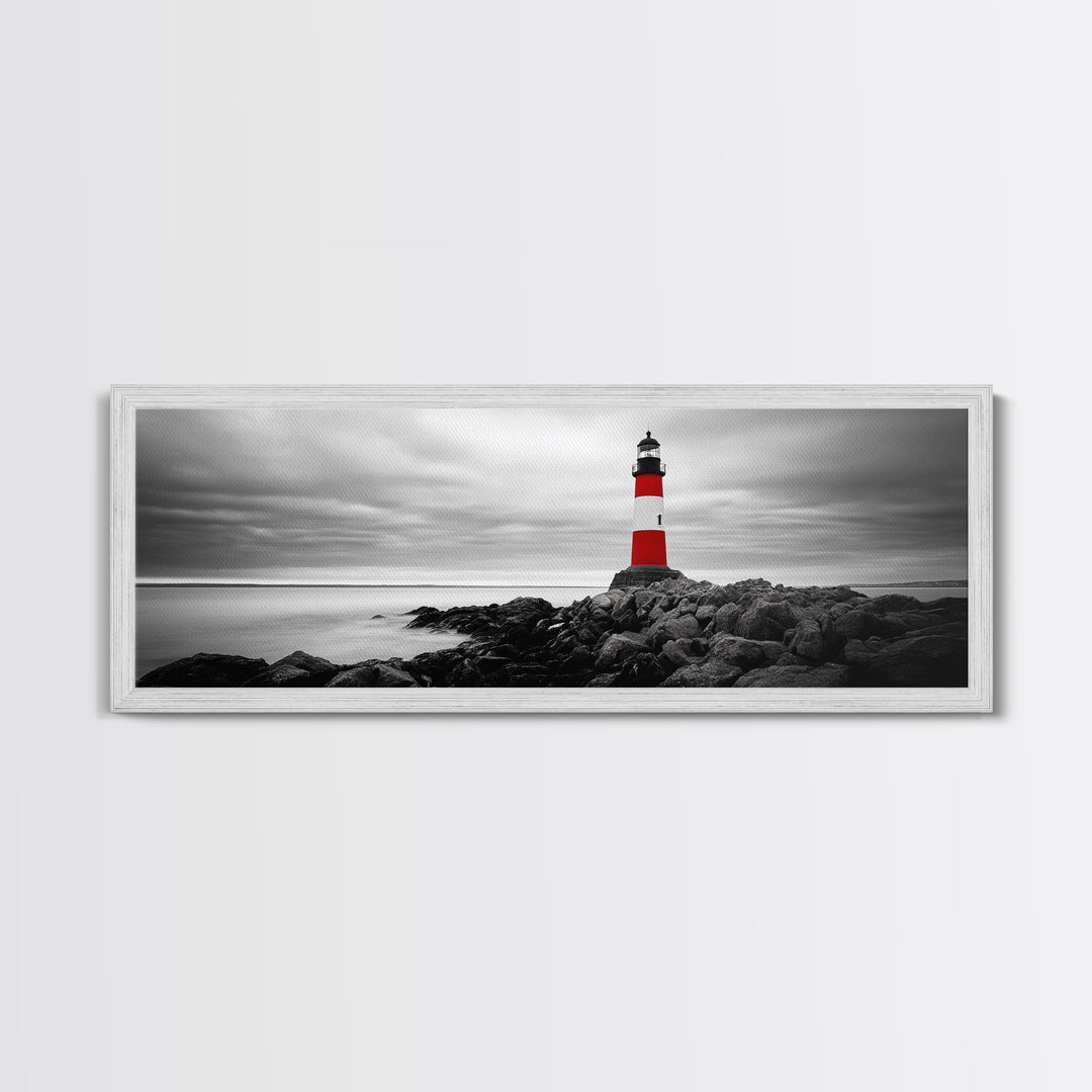 Lighthouse Coastline, Red Beacon, Stormy Sea, Black and White Landscape, Framed Canvas Print, Nautical Decor, Office Wall Art, Modern Style