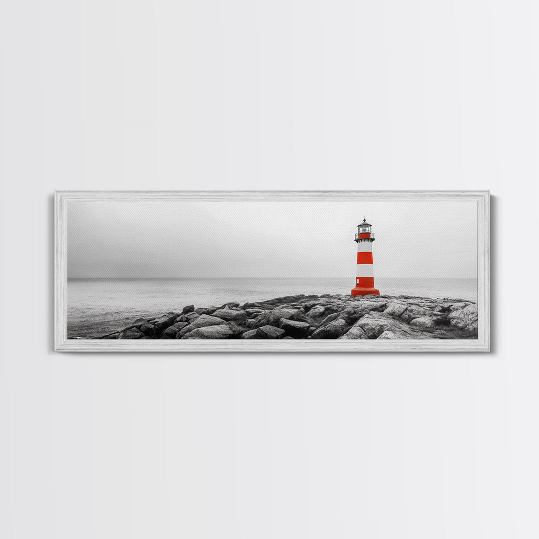 Rocky Shore, Coastal Guide, Red Lighthouse, Ocean Cliff Scene, Framed Canvas Print, Nautical Wall Decor, Bathroom Wall Art, Minimalist Art